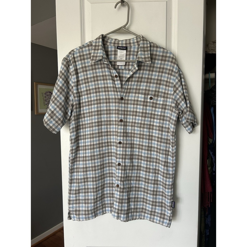 Patagonia Button Up Short Sleeve Shirt Mens Large Blue Plaid Organic Cotton